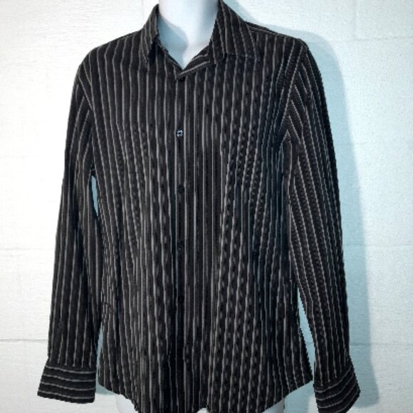 Express IMX Men's Size Large 16-16.5 Black Gray Striped Long Sleeve Dress Shirt - Picture 1 of 8
